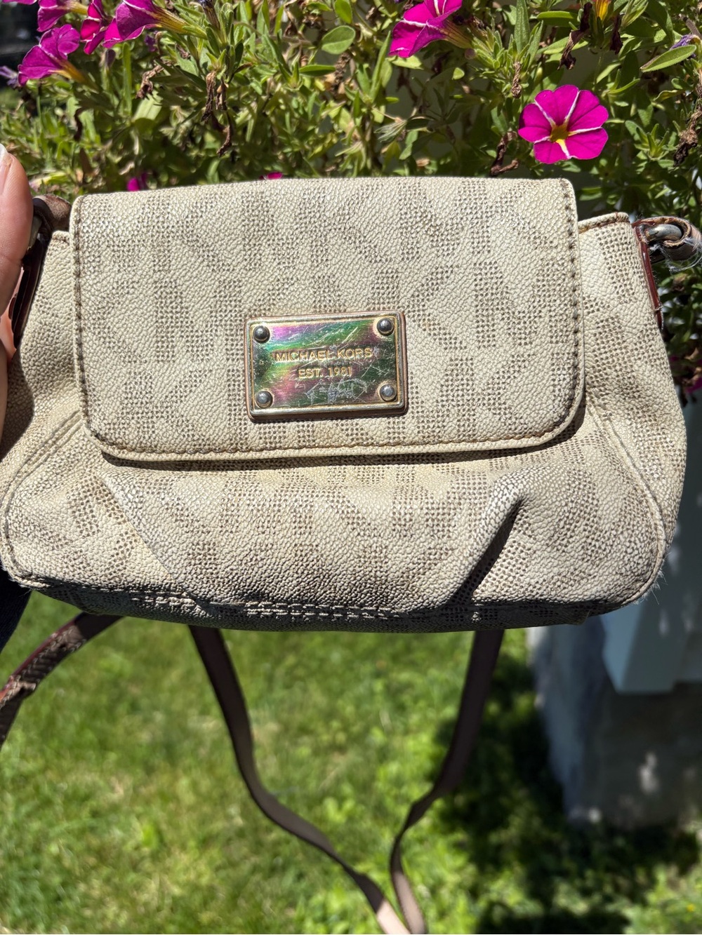Michael Kors Beige Canvas Logo Crossbody with Gold Plaque